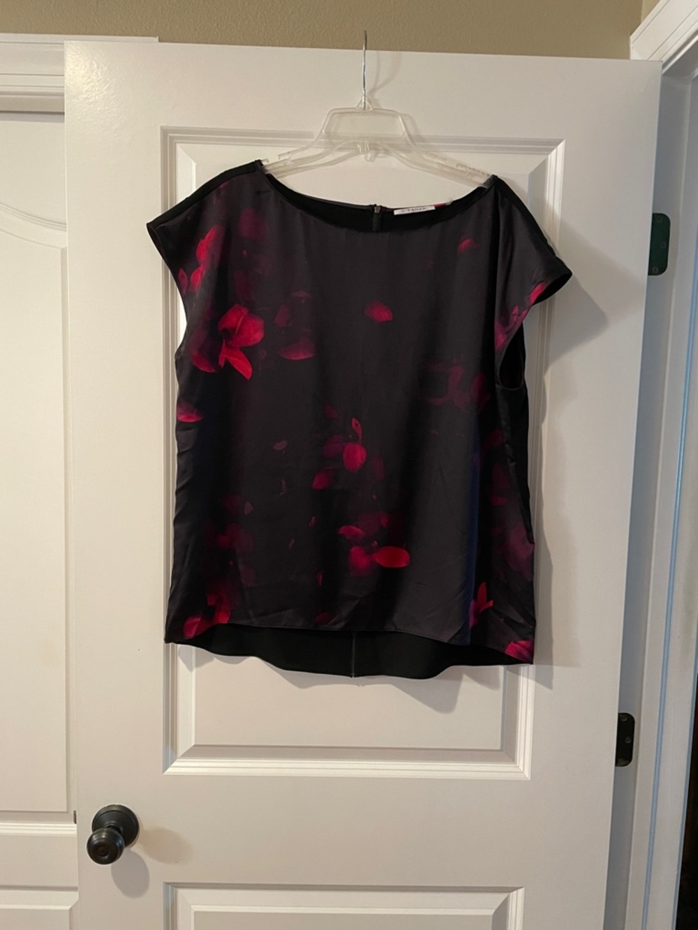 T Tahari Black Blouse with Pink Floral Accents